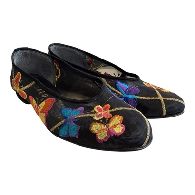 Zalo Vintage Mariposa Bordado Negro Plano Cuero Suela Mujer’s 7.5M Foto 1 de 4