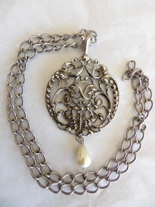 Vintage Avon Ornate Large Pendant Necklace: Faux Pearl Drop , Silver-Tone - Picture 1 of 8