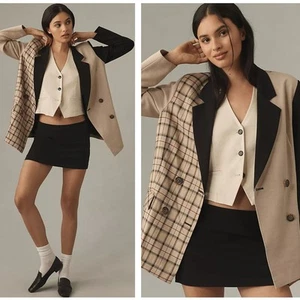 ANTHROPOLOGIE x MAEVE Oversized Mixed Pattern Blazer Plaid Tan Black Sz XL {3P5} - Picture 1 of 6