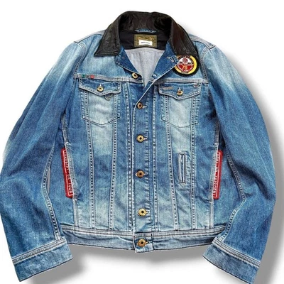 DIESEL Denim Jacket Leather Patch Gold Buttons Size M Italian Vintage Stylish - Image 1 of 4