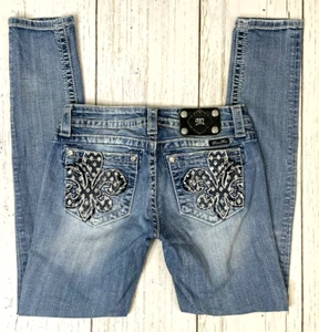 MISS ME Jeans Women's 27x32 (29x31) Skinny Bling Fleur De Lis Blue Wash JP578352 - Picture 1 of 14