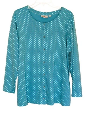 Quacker Factory Jeanne Bice Cardigan 1X Rhinestone Snaps dots blue career - Image 1 of 4