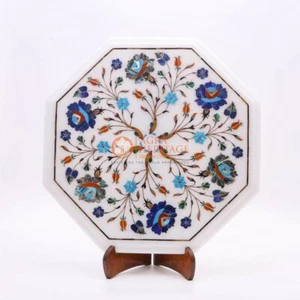 13"x13" Marble White Coffee Top Table Lapis Inlaid Stone Floral Arts Home Decors - Picture 1 of 8