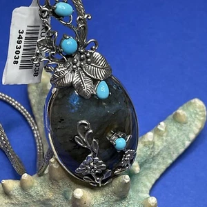 Sterling Silber Labradorit Dornröschen Türkis Anhänger 24" Tulang Naga  - Bild 1 von 11