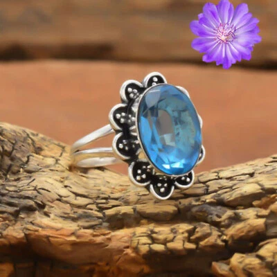 Blue Topaz Gemstone 925 Sterling Silver Ring Handmade Jewelry Ring For Gift - Image 1 of 4