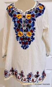 Blusa túnica campesina bordada Omja World para mujer L/XL colorida top étnica - Imagen 1 de 13
