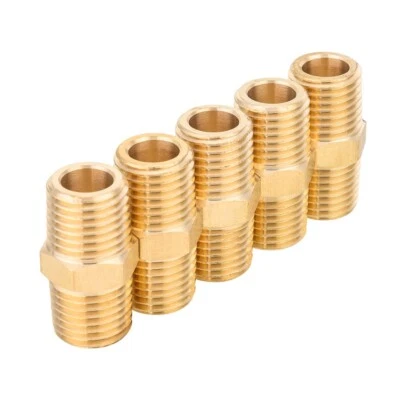 5 PCS EFIELD 1/4" x1/4" Male NPT Hex Nipple Pipe Adapters ,Brass Fittings