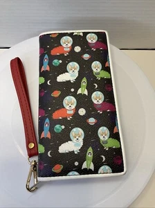 Corgi im Weltraum umlaufender Reißverschluss Geldbörse Kalbsleder Planetarisches Raumschiff Rakete süß - Bild 1 von 4