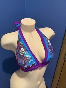 Becca Beach L Bikini Purple Teal Paisley Halter Triangle Swim Top Black $44 816