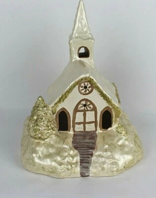 Vintage Ceramic Winter Christmas Village Church, Hand Painted Pearl White Gold - Image 1 of 4