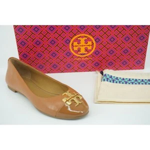 TORY BURCH Everly Cap Toe Ballerina Flats Gold Logo Ballet Tan Leather Size 5 - Picture 1 of 10