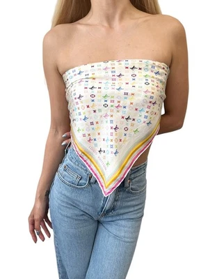 LOUIS VUITTON Vintage LV Monograma Multicolor Bufanda Envolvente Top Blanco Seda Foto 1 de 4