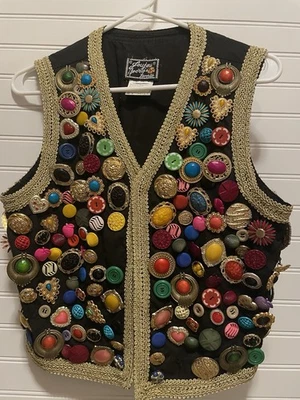 Chaleco Joy Jou Vintage Colorido Divertido Con Botones Talla M Mediano Negro Borde Dorado Foto 1 de 4