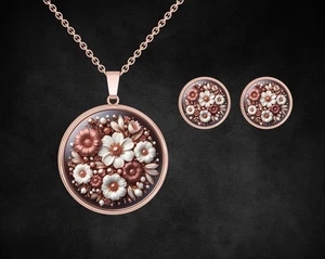 Schmuck Set Schmuckset Roségold Blumen Edelstahl Damen Halskette Ohrringe - Bild 1 von 5