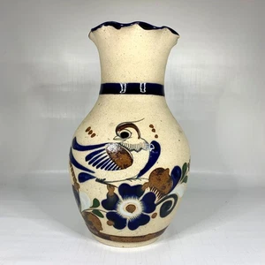 Sandstone Tonala Folk Art Vase Signed Pottery Bird Floral Cobalt Rim Vintage - Picture 1 of 9