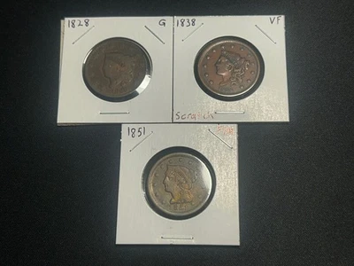 Lote de 3 1828 1838 e 1851 centavos grandes variedades tipo G-VF - Imagem 1 de 2