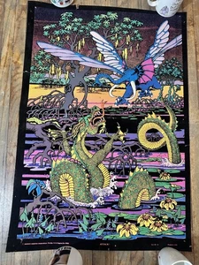 Vintage 70s 80s Blacklight Attack Dragon Fantasy Black Velvet Poster Psychedelic - Picture 1 of 9
