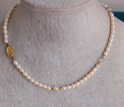 Vintage Real Pearl Necklace 9ct Gold Crown 2000 Clasp & Gold Spacers AB Crystals - Image 1 of 4