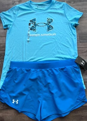 Nuevo con etiquetas Conjunto de Pantalones Cortos Under Armour YXL Niñas Azul Claro/Azul Real Estampado Gráfico Logo Foto 1 de 4