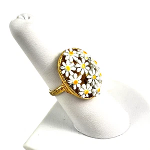 Vintage Daisy Flower Adjustable Ring Enamel Gold Tone Filigree Oval Statement - Picture 1 of 12