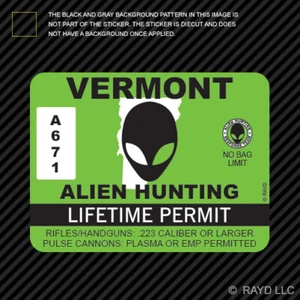 Calcomanía pegatina con permiso de caza alienígena de Vermont autoadhesiva vinilo OVNI de colección - Imagen 1 de 1