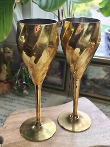 2 Vintage Solid Brass Wine Champagne Goblets with Patina Made in India 8.5" Tall