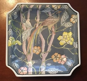 Oriental Pastel Partridge In Trees With Flowers Ceramic Square Decorator Plate - Picture 1 of 12