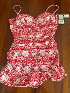 Womens Ruched Kenneth Cole Reaction Red Swimsuit Swimdress NWT, Large - Picture 1 of 6