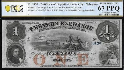 Nebraska Omaha Western Exchange $1 US Obsolete Currency Note PCGS 67 PPQ # 403* - Image 1 of 2