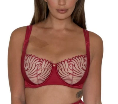 Scantilly by Curvy Kate Fallen Angel Garnet Red Bra Balcony Wired Satin & Sheer - Image 1 of 4