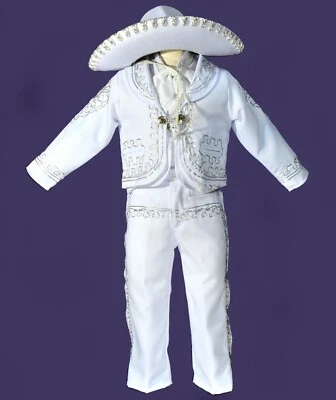 Bellissima Tuta Charro Ragazzo 5 Pezzi,Bianco/Argento Charro Suit Bautizo,Charro 2T - Immagine 1 di 4