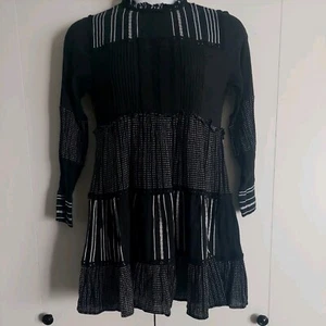 Zara Tiered Longsleeve Mini Dress Bohemian Cottage Core Highneck Gauzy M Keyhole - Picture 1 of 6