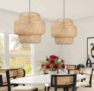 Wicker Pendant Light Beige Chandeliers Rattan Light Fixture Woven Pendant Light - Picture 1 of 9