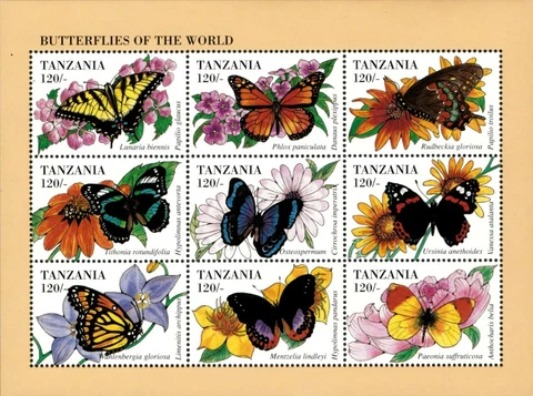 Tanzania 1994 - Butterflies of the World, Flowers - Sheet of 9 Stamps 1243 - MNH Cover