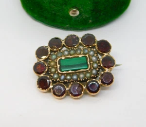 George III 9ct Gold, Garnet, Seed Pearl & Malachite Mourning Brooch Antique - Picture 1 of 5