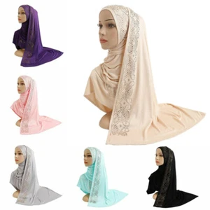 Sciarpa lunga donna cotone jersey musulmano strass foulard hijab scialle copricapo - Foto 1 di 24