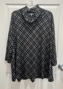 JOHN MARK Tunika Oberteil geometrisch kariert schwarz braun grau hinten Knöpfe 3/4 Arm XL - Bild 1 von 8