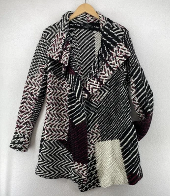 Cárdigan para mujer LUCKY BRAND mezcla de lana grueso geométrico frente abierto negro blanco Foto 1 de 4