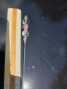 VTG Beads PINK Artbead, Quartz on Goldp. Scarf or HAT PIN Hatpin 6" with Clutch - Picture 1 of 2