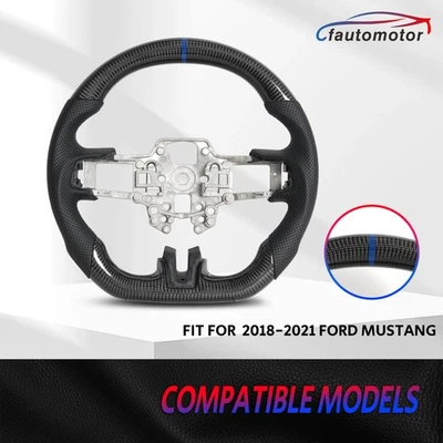 Volante de fibra de carbono real compatible con Ford Mustang 2018-2023 costura azul Foto 1 de 4