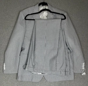 Seersucker Striped Suit Men 2XL 38X32 Blue White Two Piece 2 Button Jacket Pants - Picture 1 of 19
