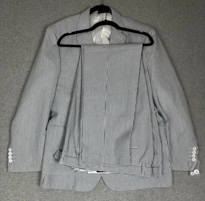 Seersucker Striped Suit Men 2XL 38X32 Blue White Two Piece 2 Button Jacket Pants - Image 1 of 4