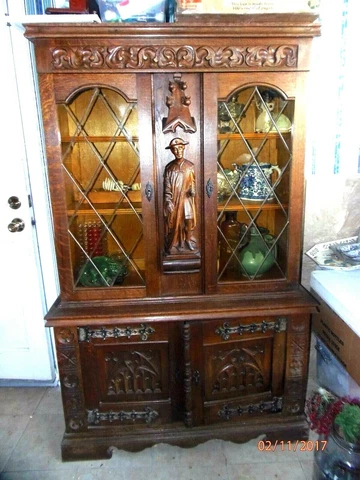 Antique French, Gothic  wood. sideboard, bookcase, cabinet, stained glass Cover