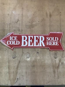 ICE COLD BEER SOLD HERE EMBOSSED METAL ARROW SIGN MAN CAVE SPORTS ROOM BAR - Picture 1 of 3