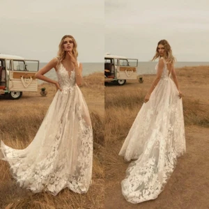 Sexy Bohemian Country A Line V Neck Wedding Dresses Lace Appliques Bridal Gowns - Picture 1 of 9