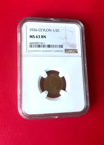 1926 CEYLON 1/2 CENT NGC MS 63 BN - Picture 1 of 2