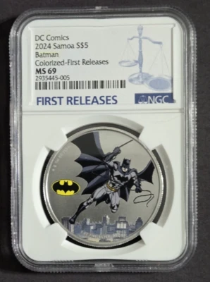 2024 SAMOA $5 DC COMICS JUSTICE LEAGUE - BATMAN NGC MS69 FR SILVER COLORED COIN - Image 1 of 4