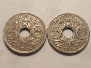 1924 1925 NICE FRANCE COPPER-NICKEL 5 CENTIMES KM#875 2 PC SET!! - Picture 1 of 2