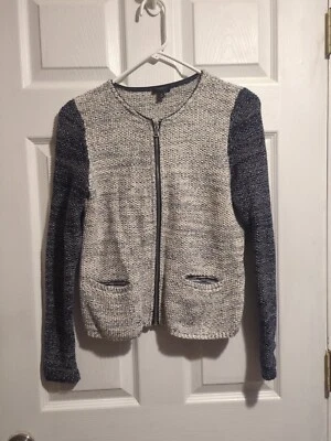 Talbots White/Black Metallic CottonCardigan Sweater Knit Zip-Up Jacket Women's P - Image 1 of 3