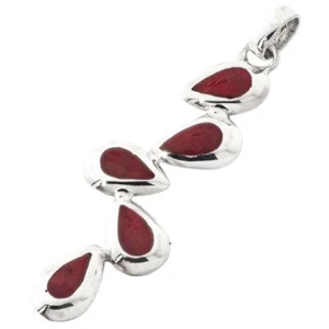 925 Silver Adorable Stacked Teardrop Red Coral Sterling Drop Pendant, 2 1/8" - Picture 1 of 3